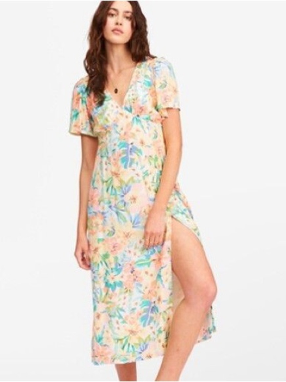 Billabong Jet Set floral tropical Midi v neck dress S